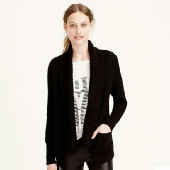 J. Crew Chunky Knit Open Front Cardigan Sweater Size Small Black Shawl Collar - Picture 1 of 11